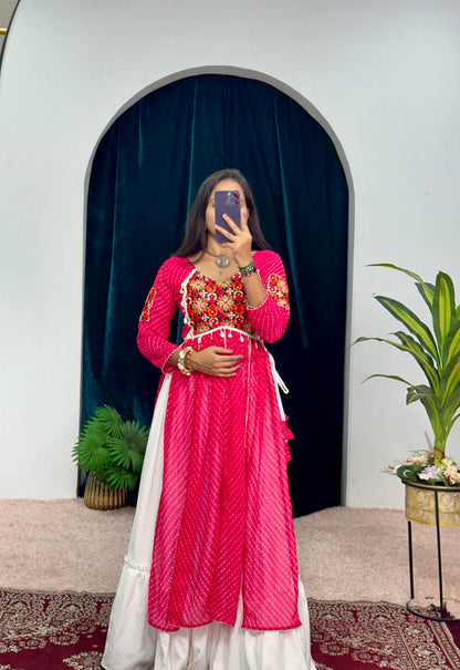 Navratri Style Pink Color Rayon With Faux Georgette Embroidery Work Blouse Lehenga Choli