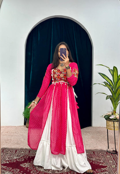 Navratri Style Pink Color Rayon With Faux Georgette Embroidery Work Blouse Lehenga Choli