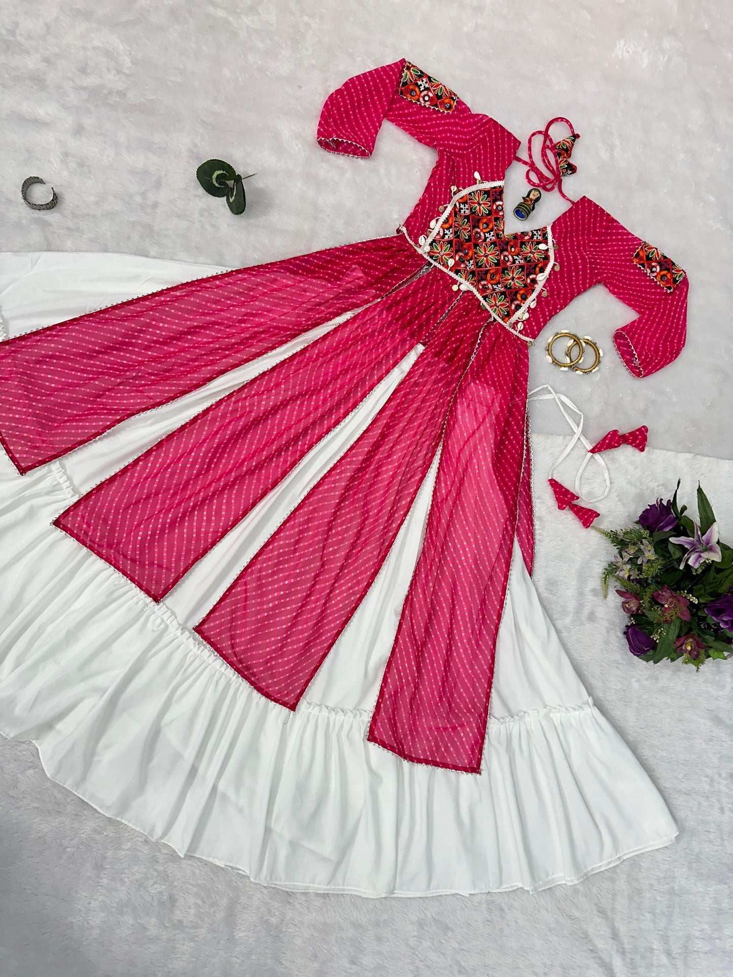 Navratri Style Pink Color Rayon With Faux Georgette Embroidery Work Blouse Lehenga Choli