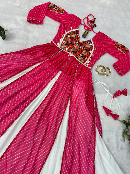 Navratri Style Pink Color Rayon With Faux Georgette Embroidery Work Blouse Lehenga Choli