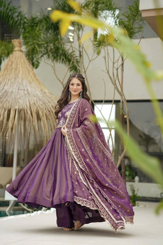Party Wear Lavender Color Gold Crash With Heavy Embroidery Sequence Work With Fully Flair Designer Gown