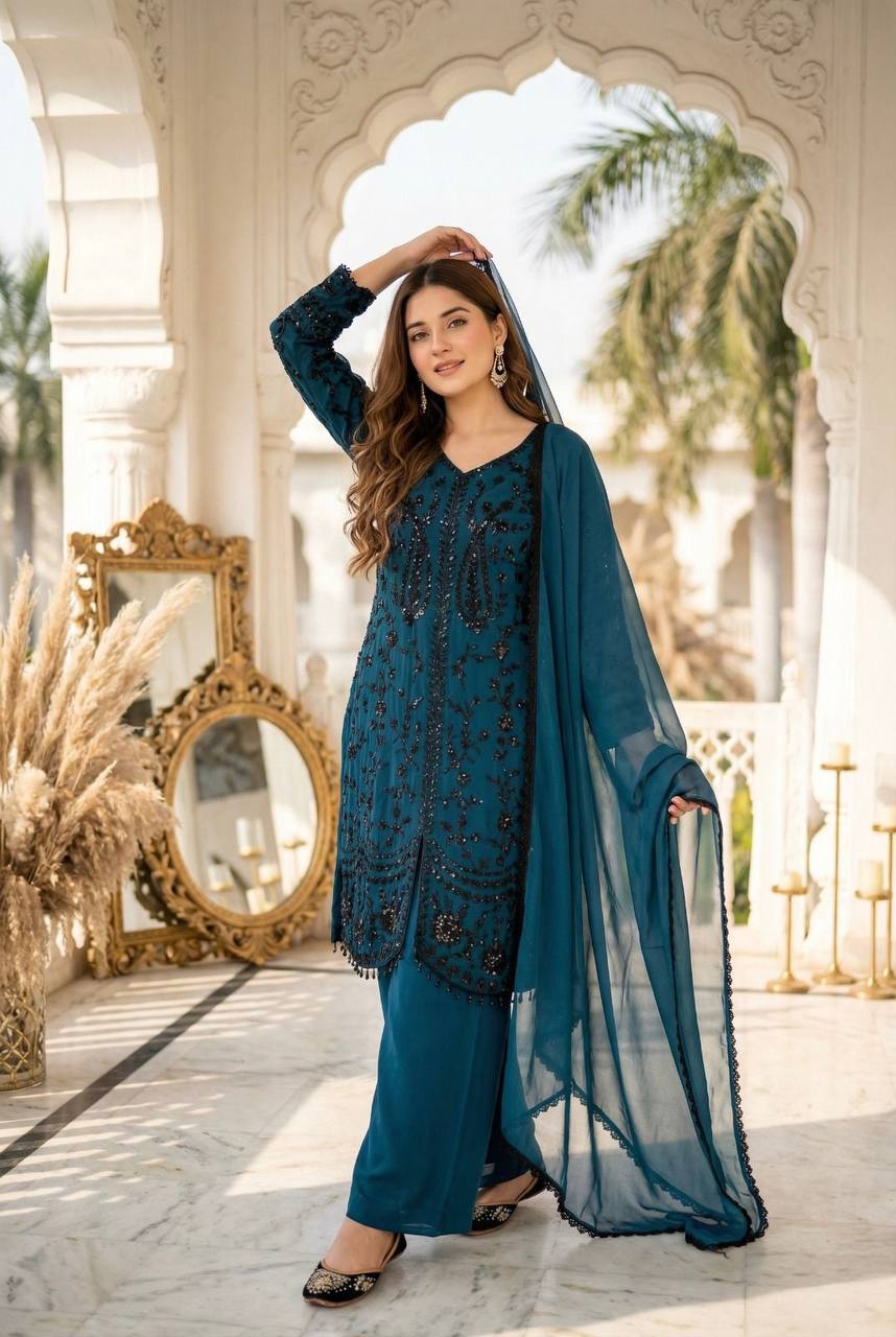 Wonderful Blue Color Heavy Faux Georgette Sequence Palazzo Suit