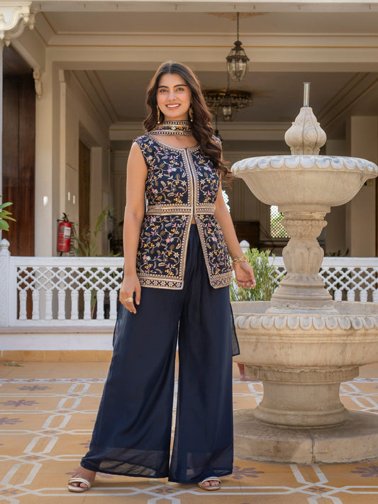 Wonderful Navy Blue Color Star Georgette Embroidered Palazzo Suit