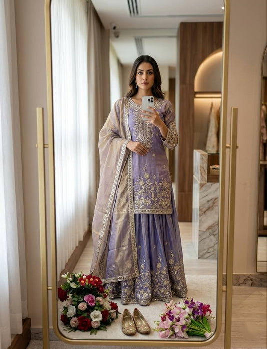 Wonderful Purple Color Embroidered Sequence Work Palazzo Suit