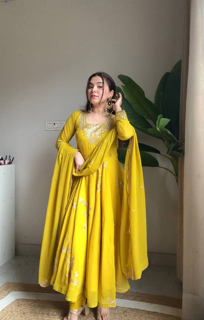 Wonderful Yellow Color Fox Georette Embroidered Anarkali Gown