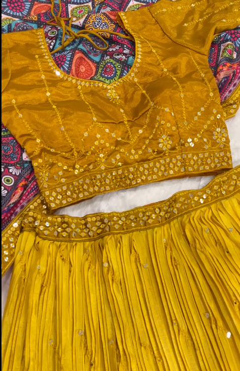 Haldi Wear Yellow Color Shaded Chinon Silk Sequins And Thread Embroidery Work Lehenga Choli