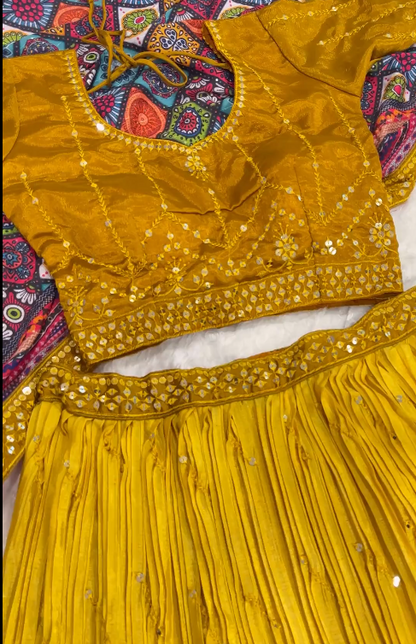 Haldi Wear Yellow Color Shaded Chinon Silk Sequins And Thread Embroidery Work Lehenga Choli