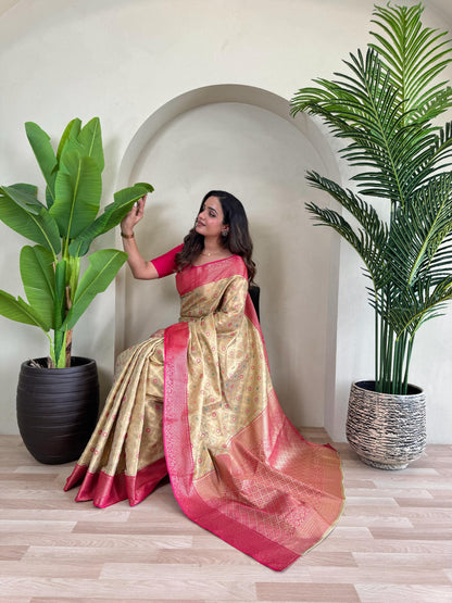 Designer Silk Zari Weaving Beige Color Saree