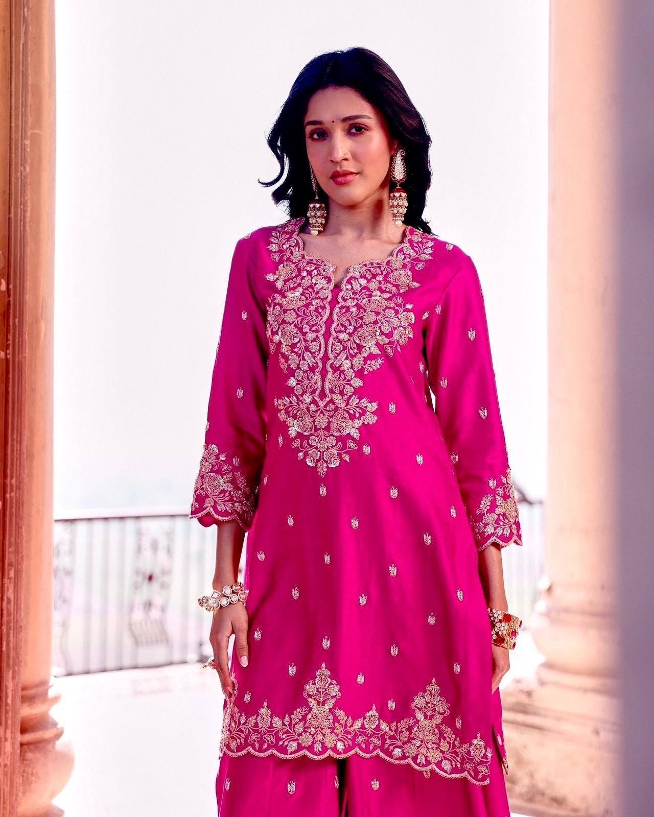 Ravishing Pink Silk with Sequence Work Palazzo Suit