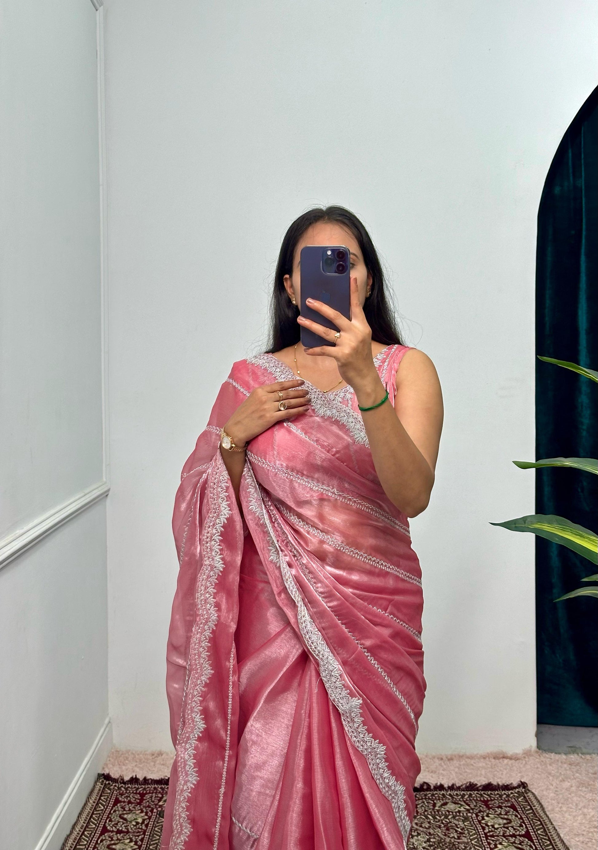 Peaceful Embroidery Zari Work Pink Color Saree