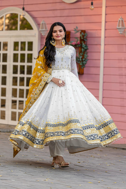 Glorious Georgette White Color Gown With Yellow dupatta