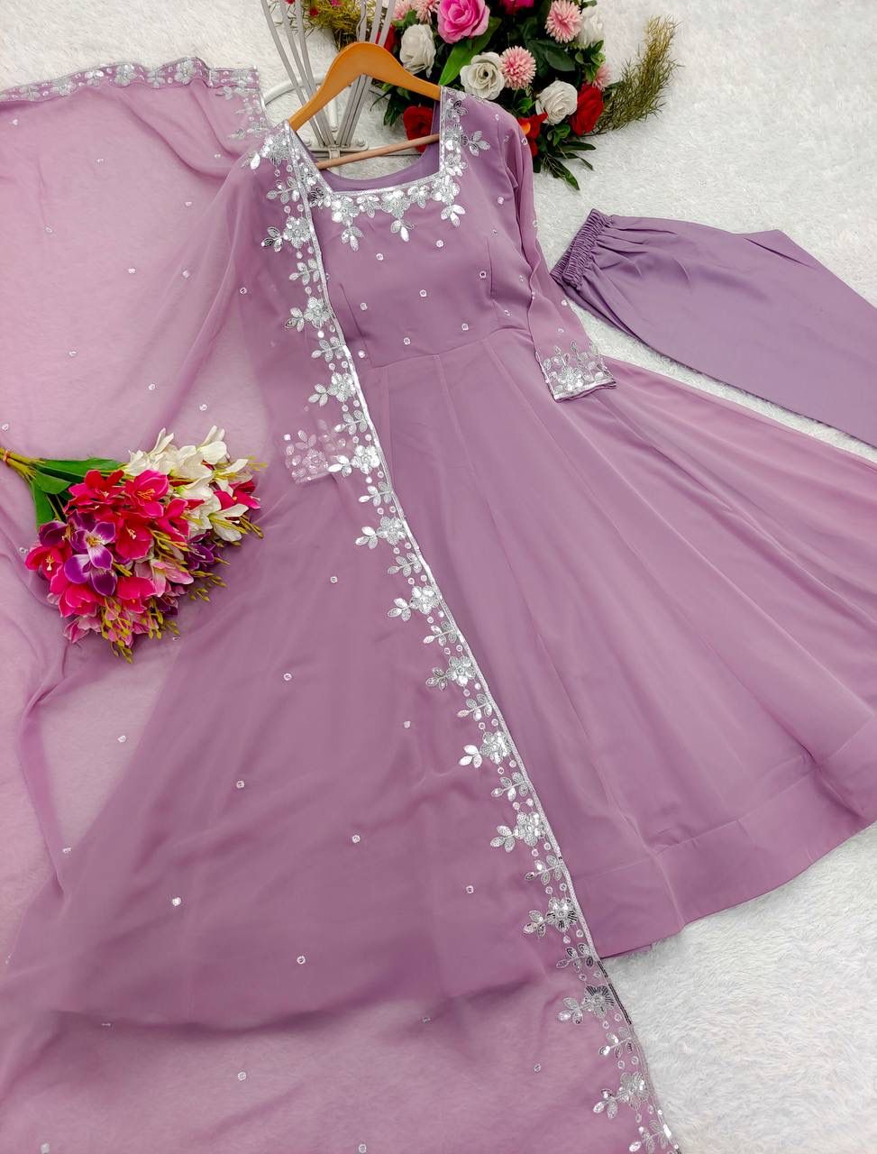 Glimmering Sequence Work Lavender Color Anarkali Gown