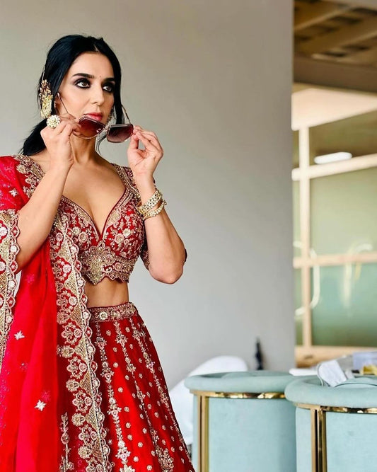 Fabulous Malai Satin Red Color Bridal Lehenga Choli