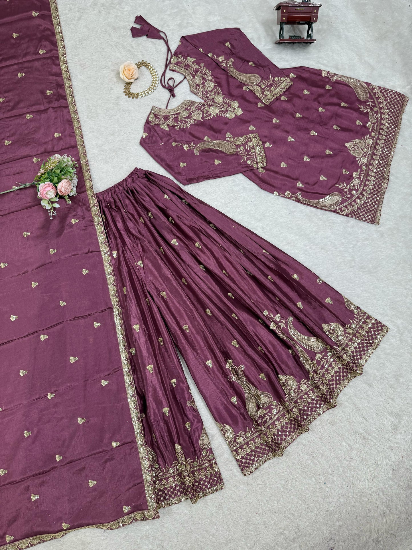 Wonderful Chinon Silk Wine Color Palazzo Suit