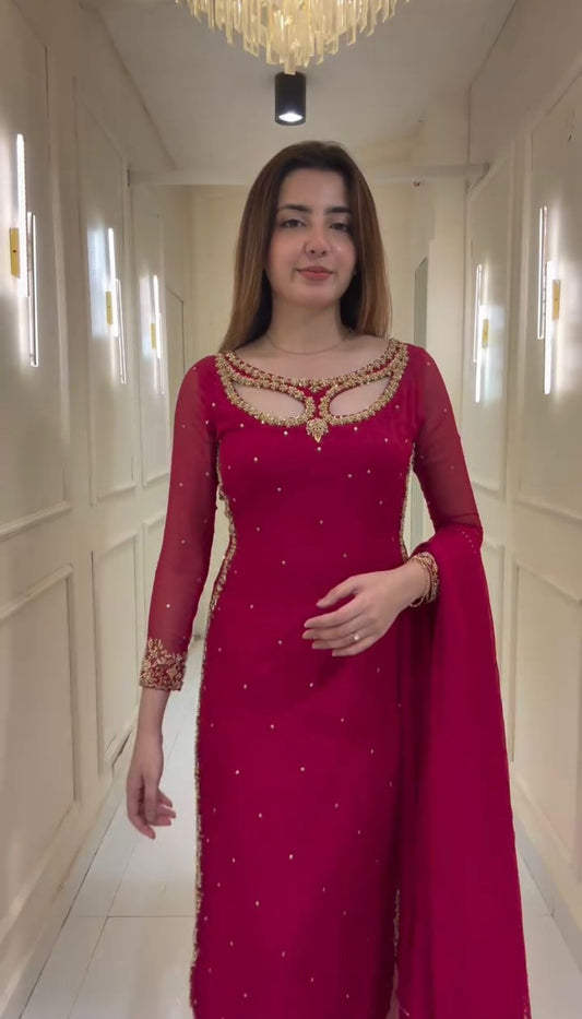 Designer Maroon Georgette Embroidery Work Palazzo Suit