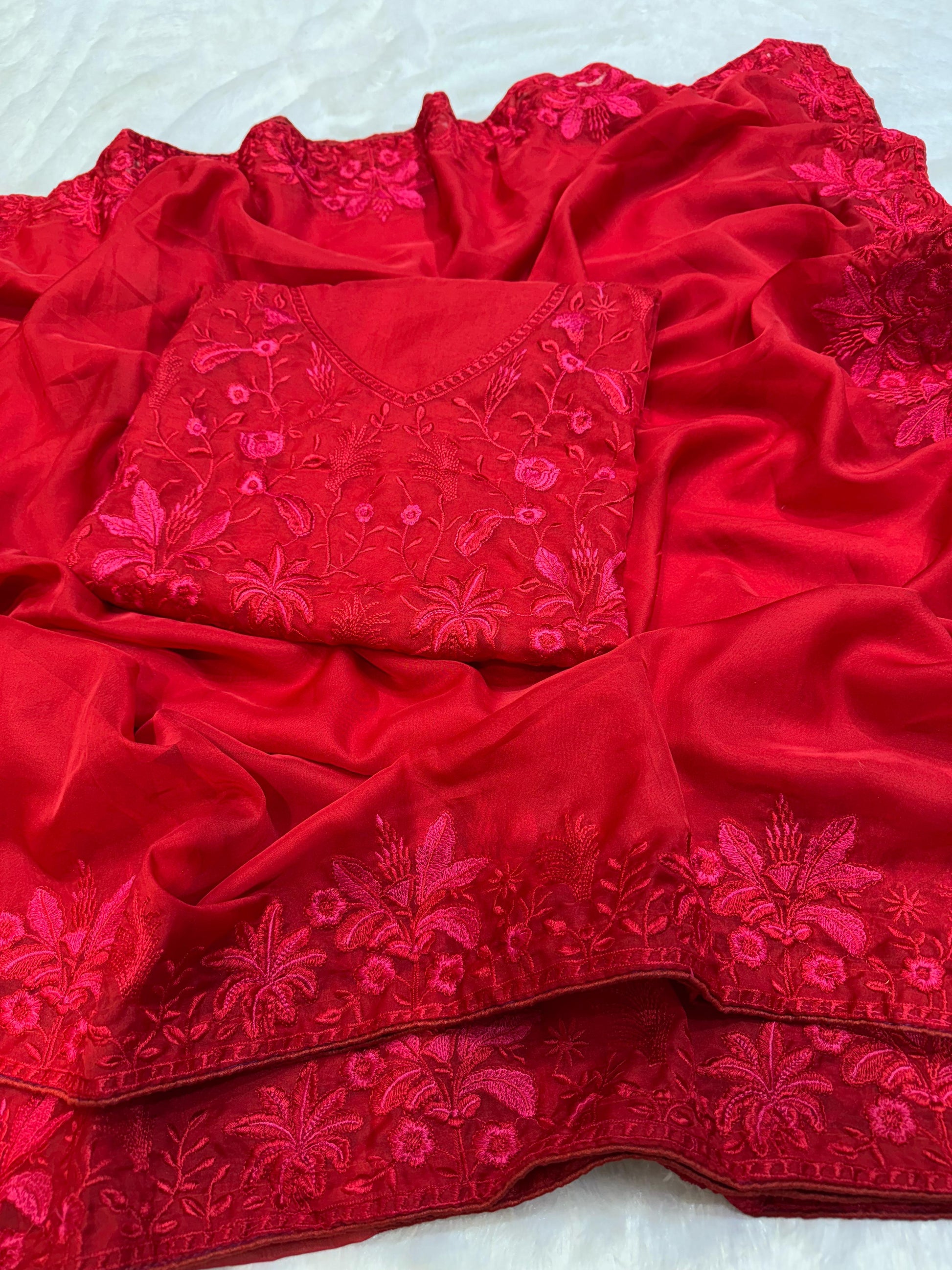 Alluring Organza Embroidery Work Red Color Saree