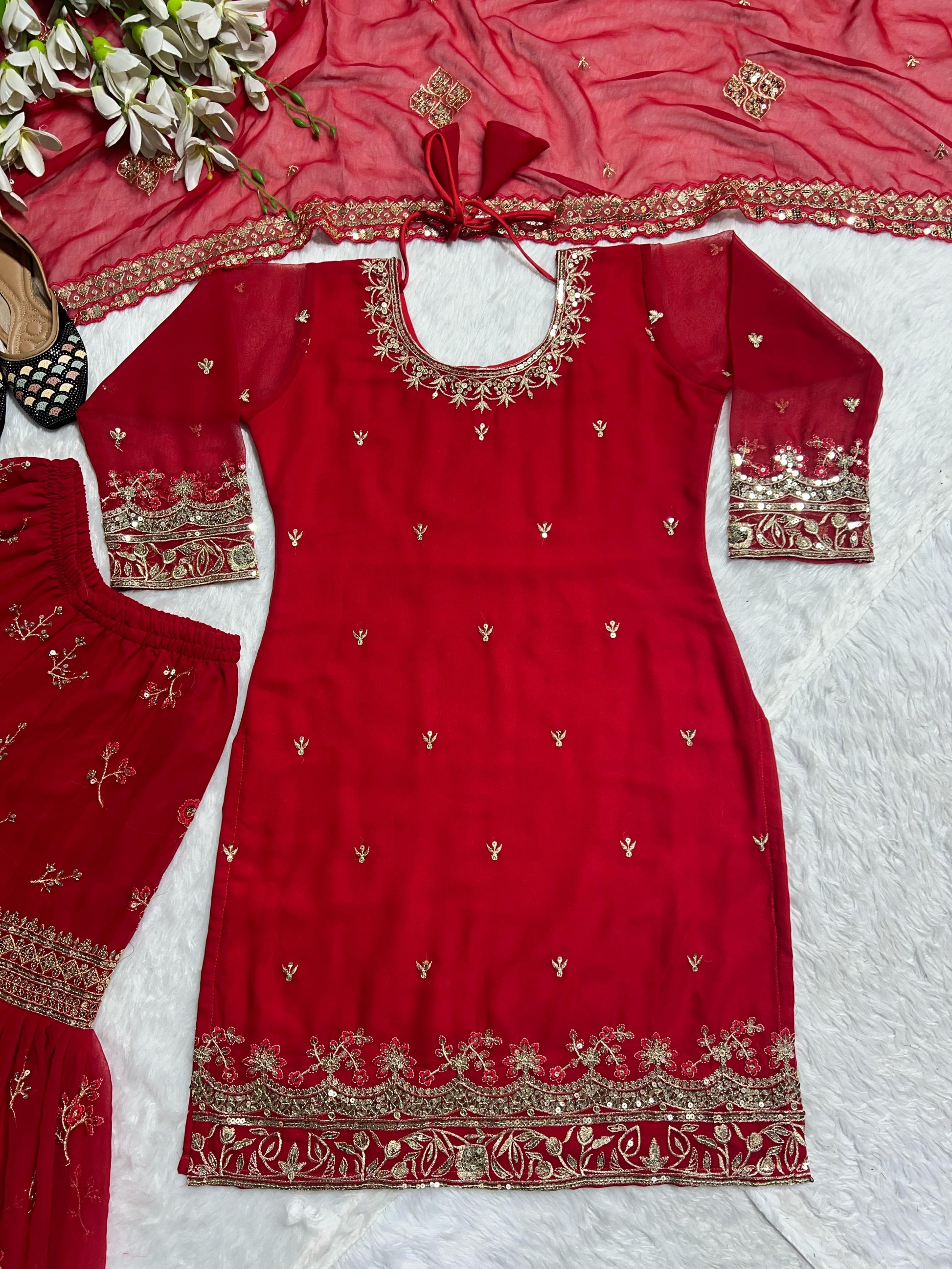 Presenting Georgette Red Color Embroidery Work Sharara Suit