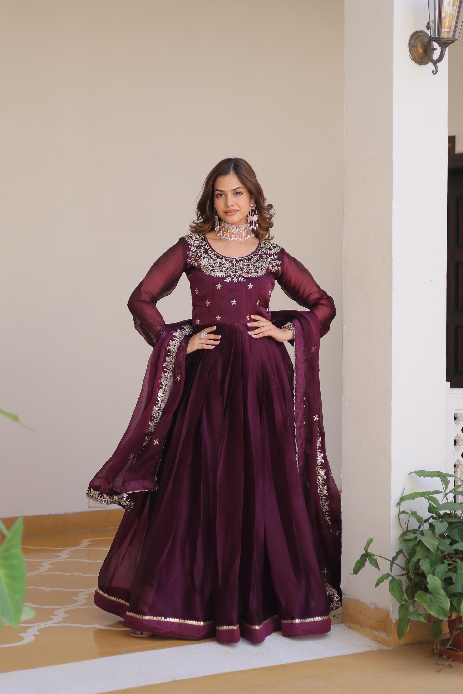 Festive Wear Burberry Silk Wine Color Gown
