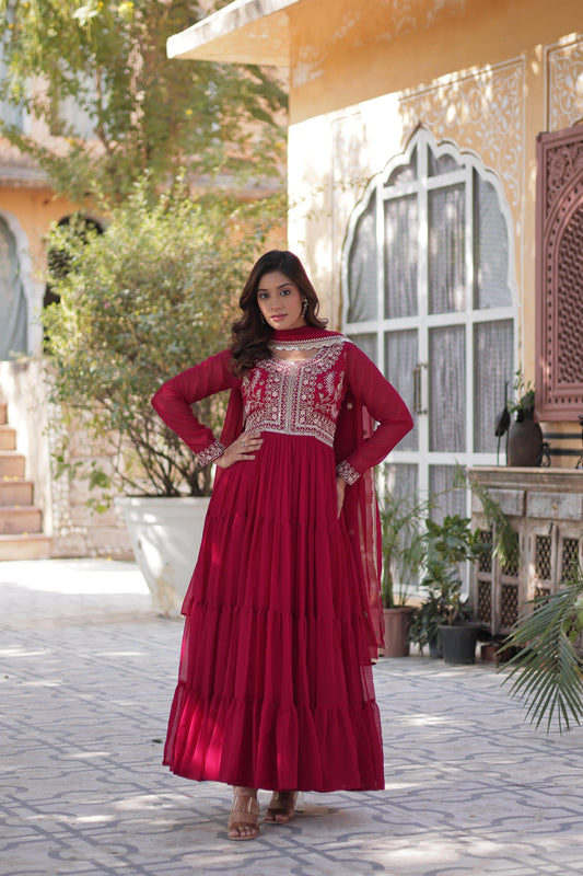 Awesome Embroidery Pearl Work Maroon Color Gown