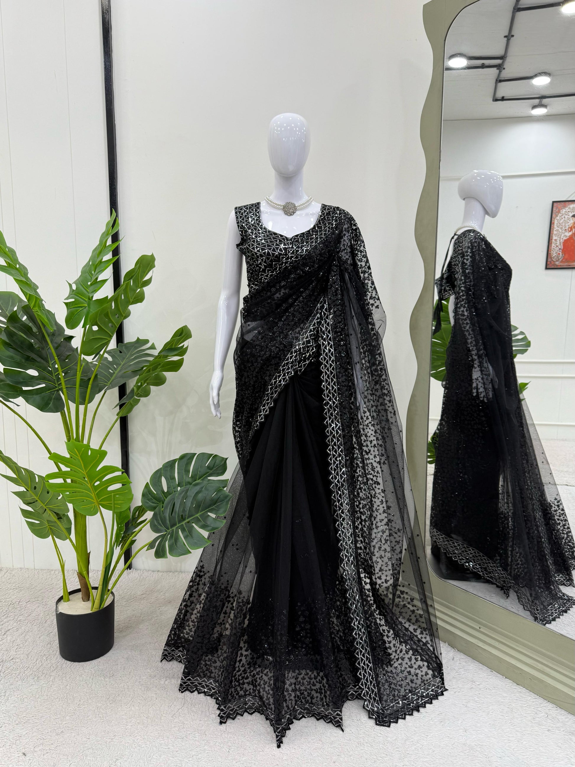 Glimmering Soft Net Sequence Work Black Color Saree