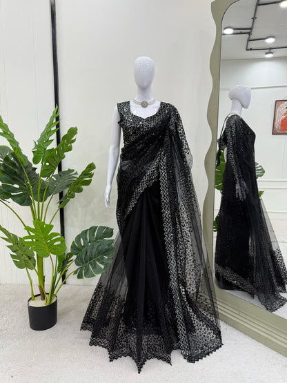Glimmering Soft Net Sequence Work Black Color Saree