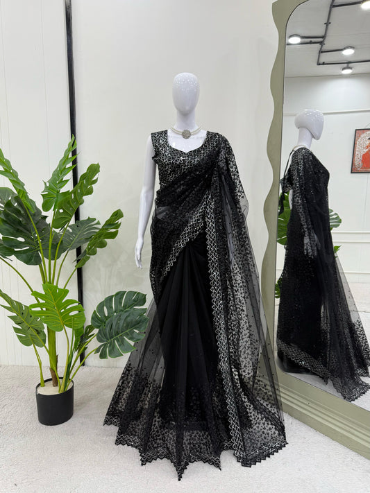 Glimmering Soft Net Sequence Work Black Color Saree