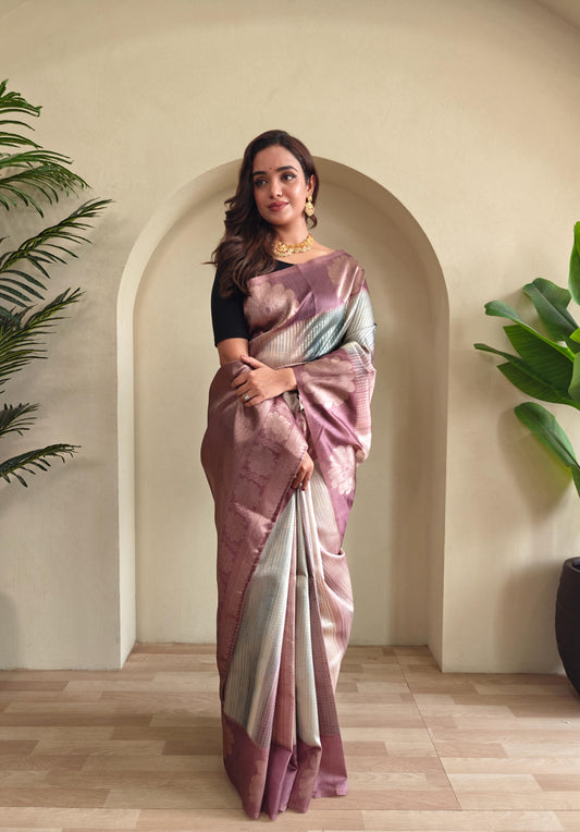 Onion Color Flower Print Silk Saree