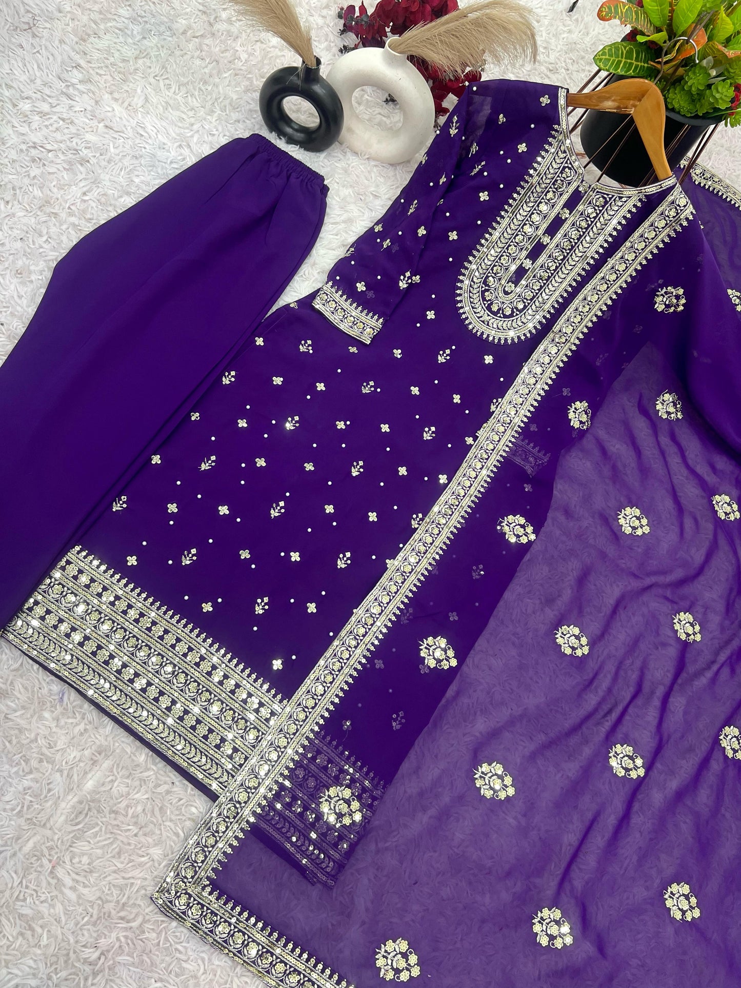 Glimmering Embroidery Work Purple Color Salwar Suit