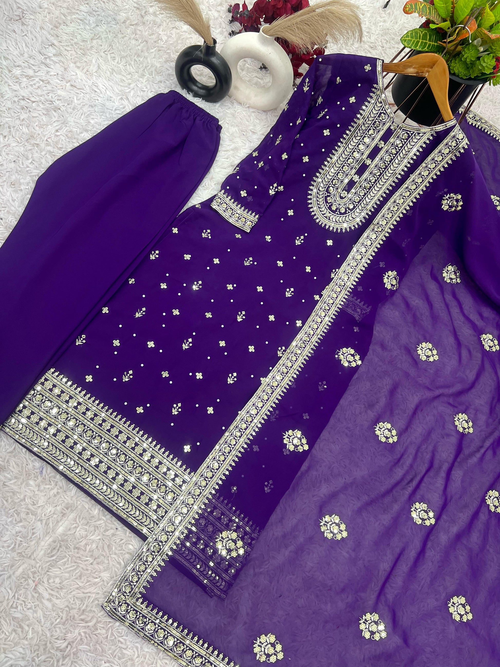 Glimmering Embroidery Work Purple Color Salwar Suit