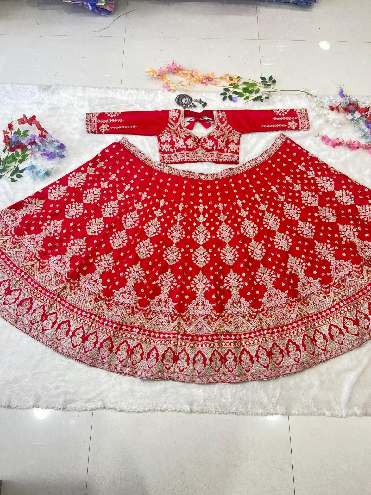 Fabulous Malai Satin Red Color Bridal Lehenga Choli
