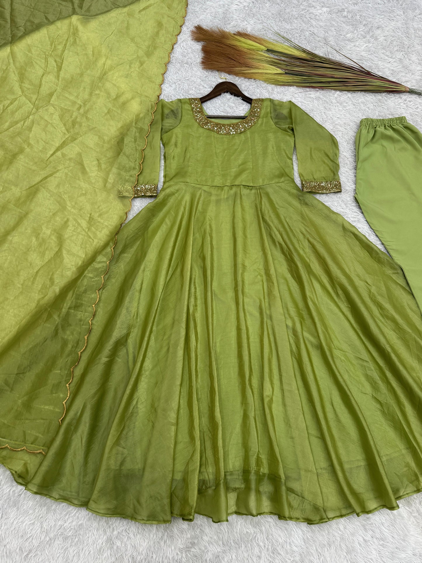 Delightful Embroidery Green Color Anarkali Gown with Dupatta