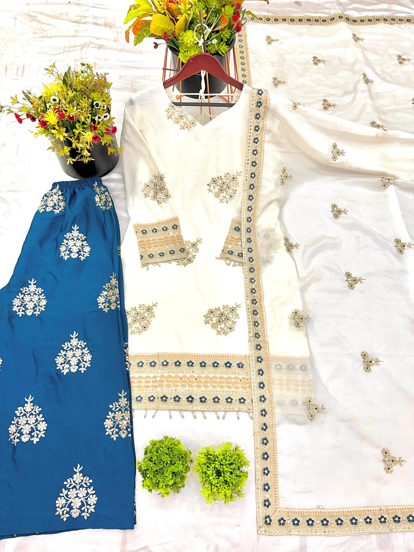 Pretty Silk White With Teal Blue Palazzo Suit