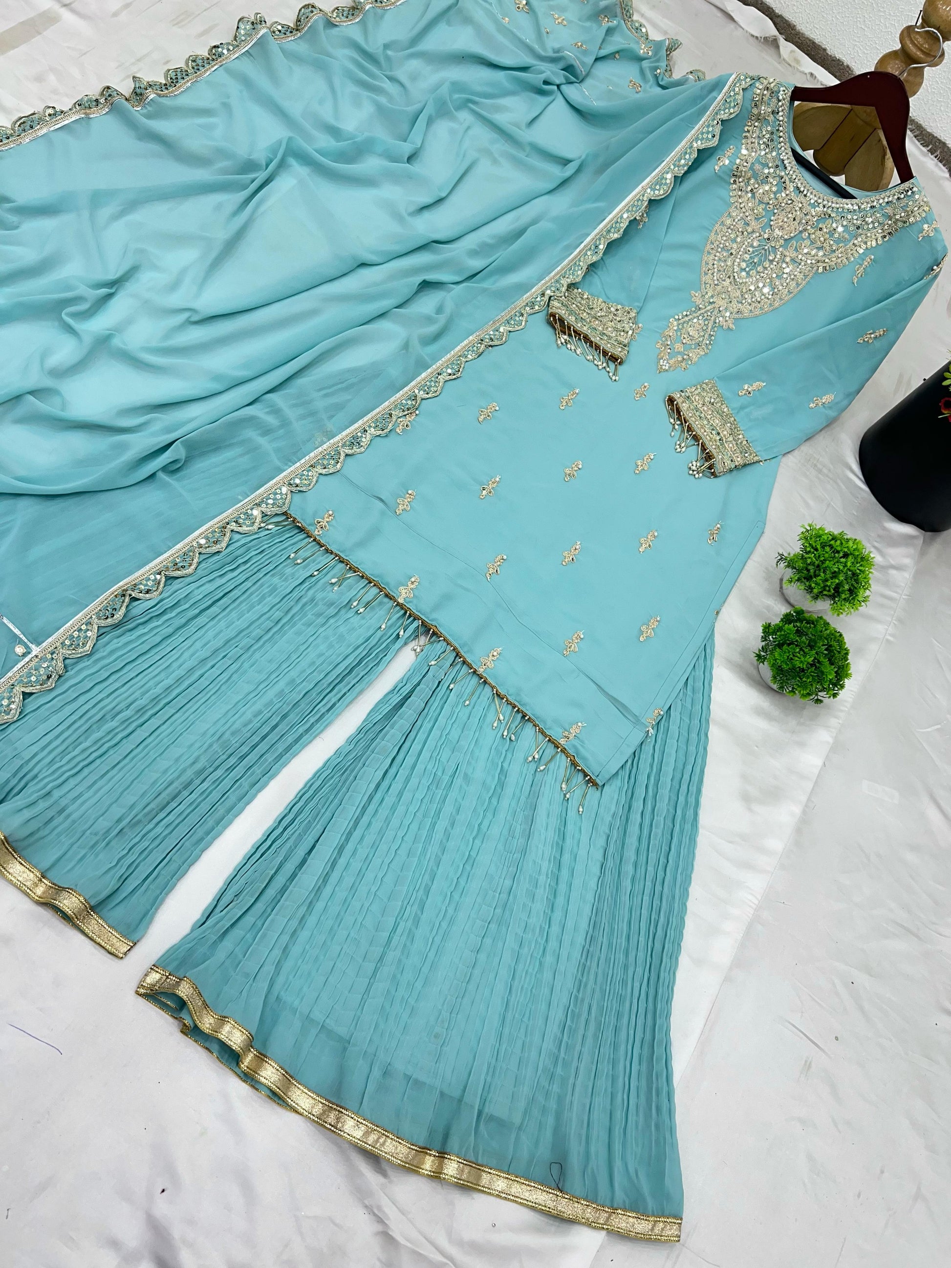 Precious Heavy Embroidery Sequence Work Rama Color Sharara Suit
