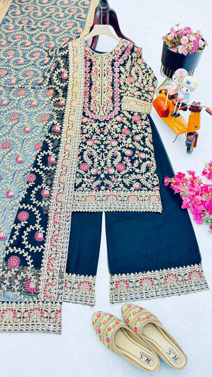Demanding Navy Blue Color Sequence Work Palazzo Suit