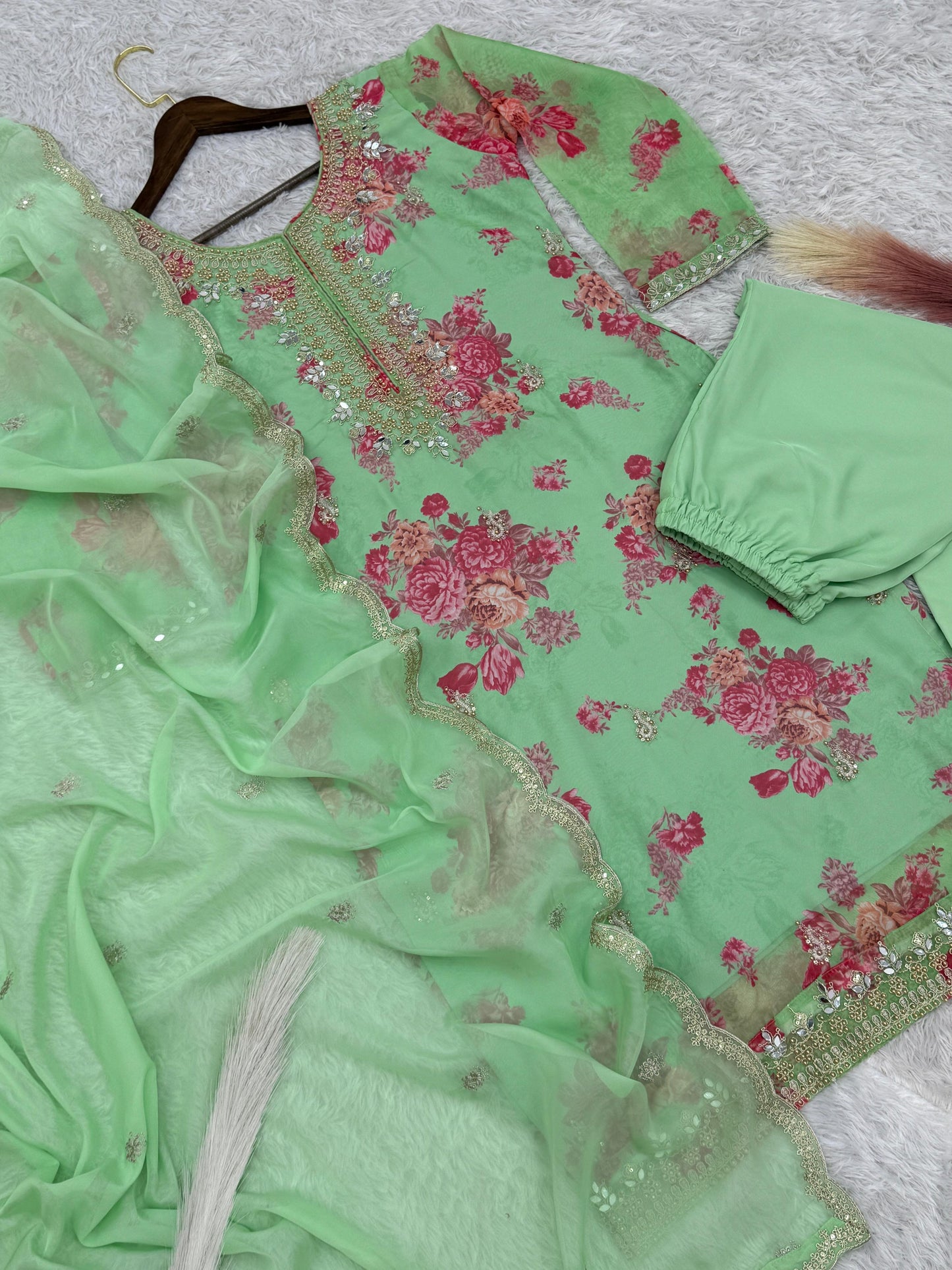 Flattering Sequence Heavy Stone Mirror Hand Work Pista Color Palazzo Suit