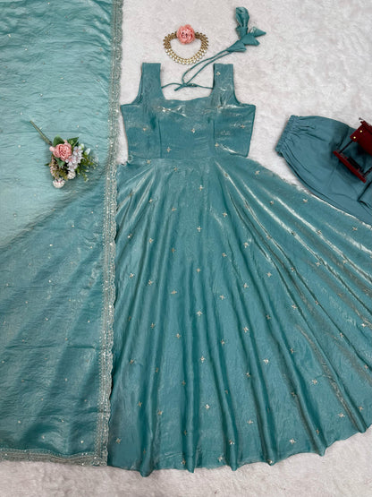 Stylish Thread Work Sky Blue Color Anarkali  Gown