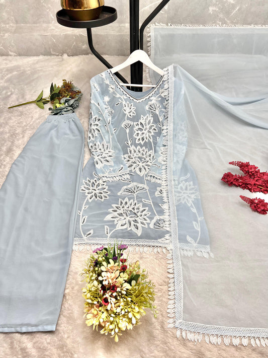 Ravishing Sky Blue Georgette Embroidery Palazzo Suit