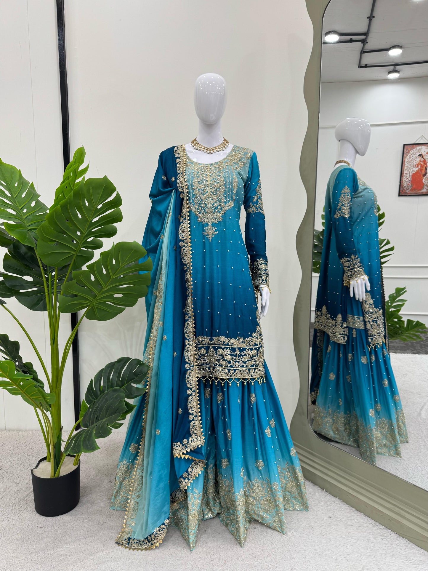 Good Looking Chinon Silk Rivet Moti Teal Blue Color Sharara Suit