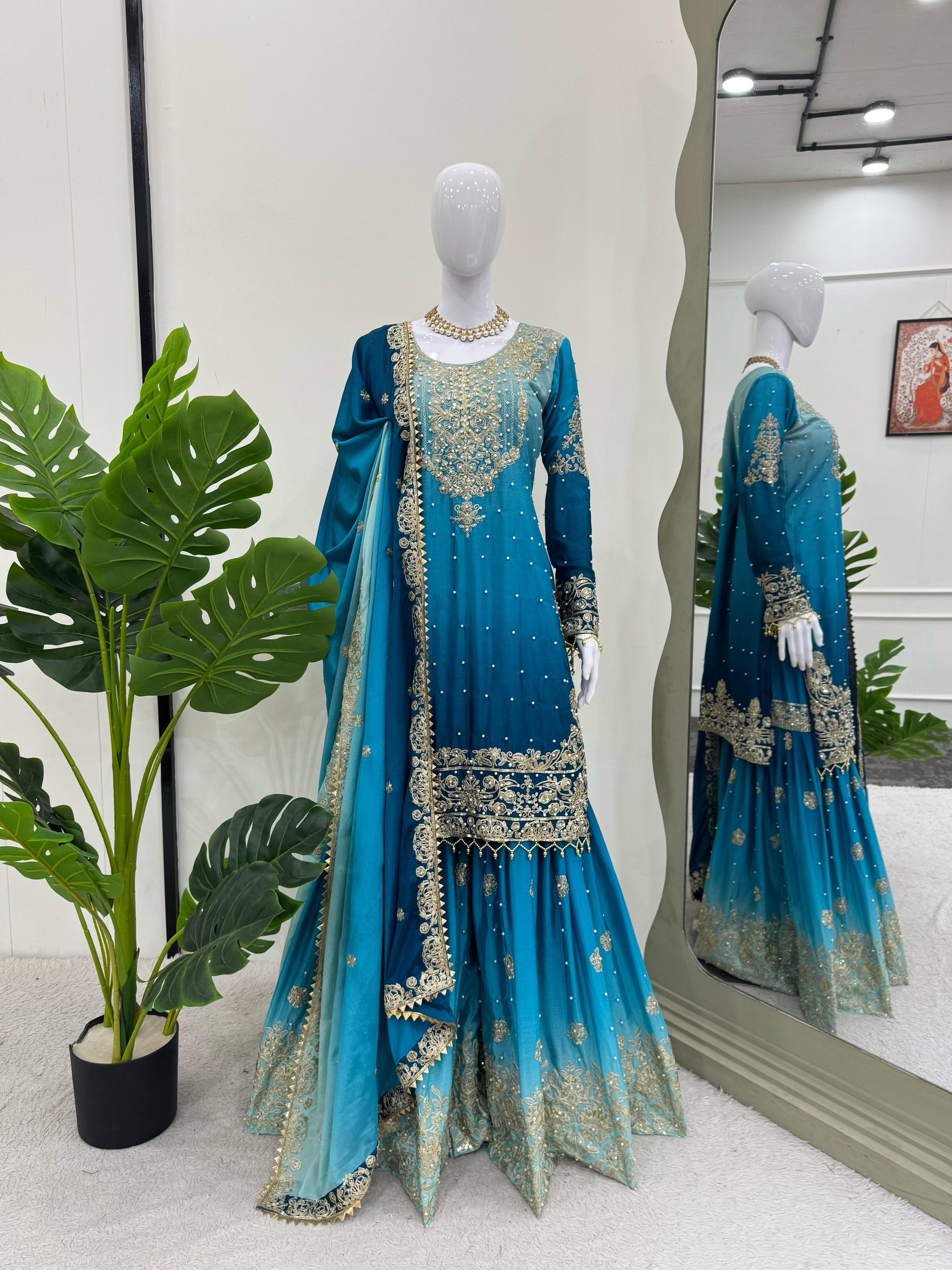 Good Looking Chinon Silk Rivet Moti Teal Blue Color Sharara Suit