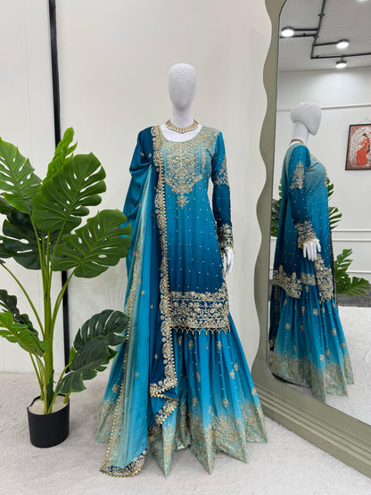 Good Looking Chinon Silk Rivet Moti Teal Blue Color Sharara Suit