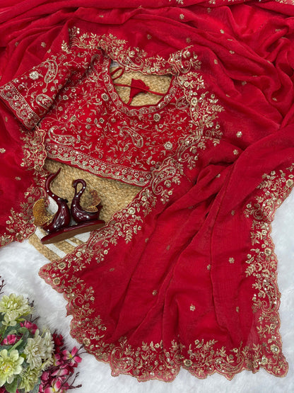 Lovely Red Chiffon Zari Work Saree