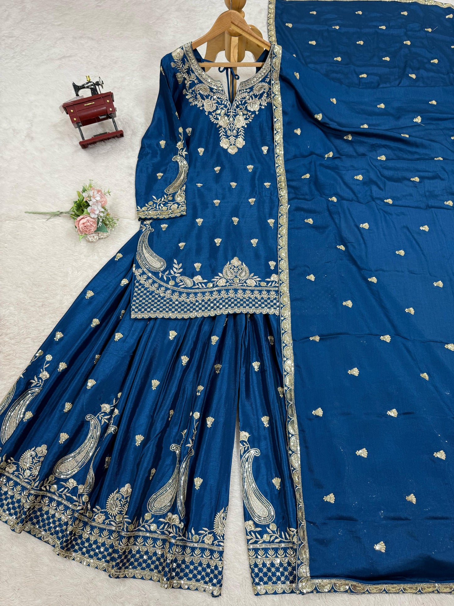 Wonderful Chinon Silk Navy Blue Color Palazzo Suit