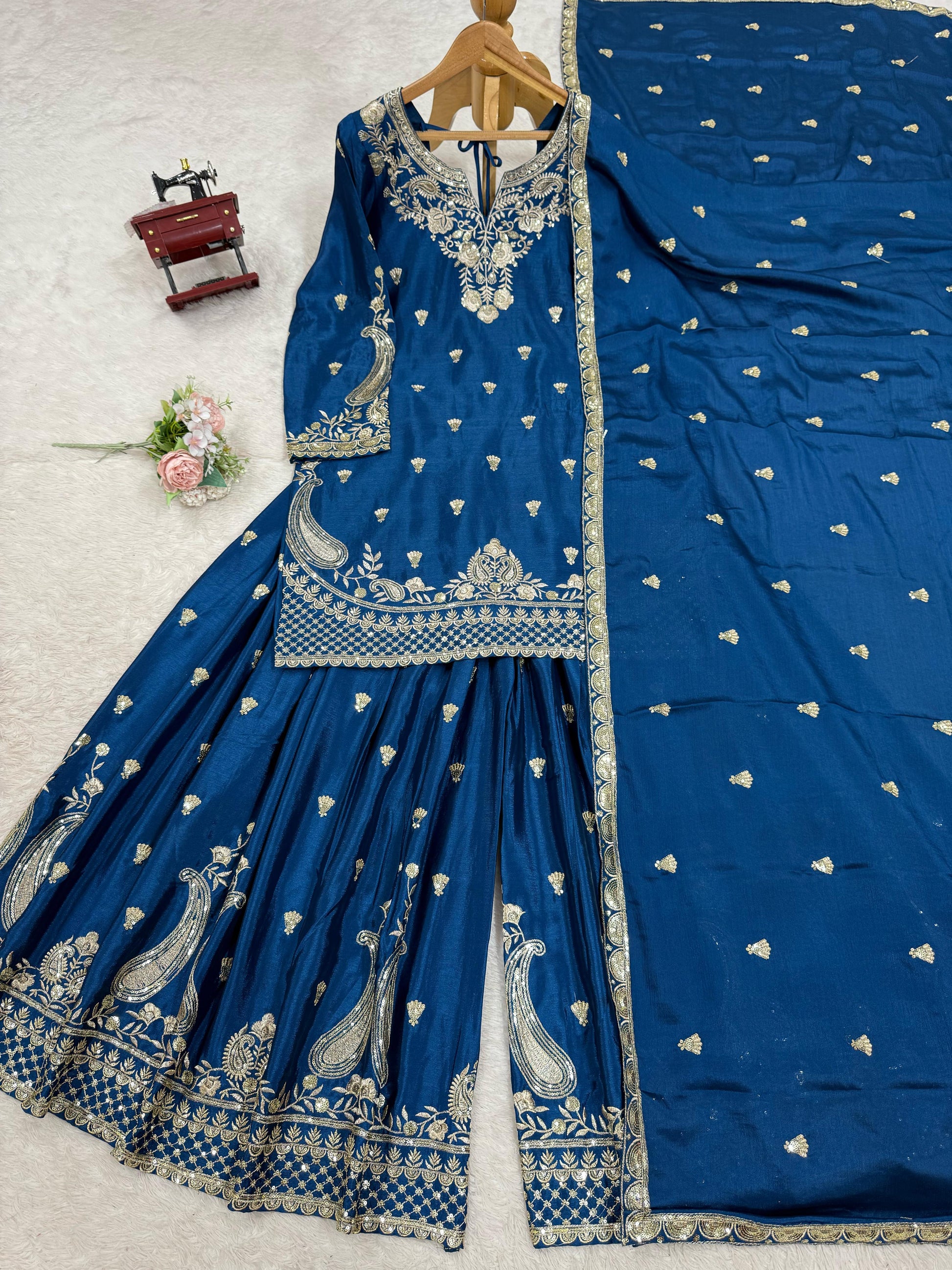Wonderful Chinon Silk Navy Blue Color Palazzo Suit
