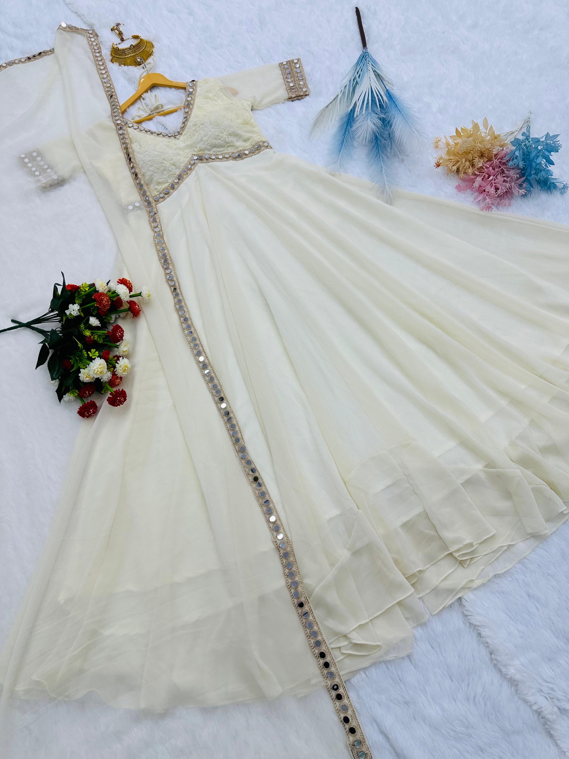 Fancy Embroidery Chikankari Work Off White Color Gown