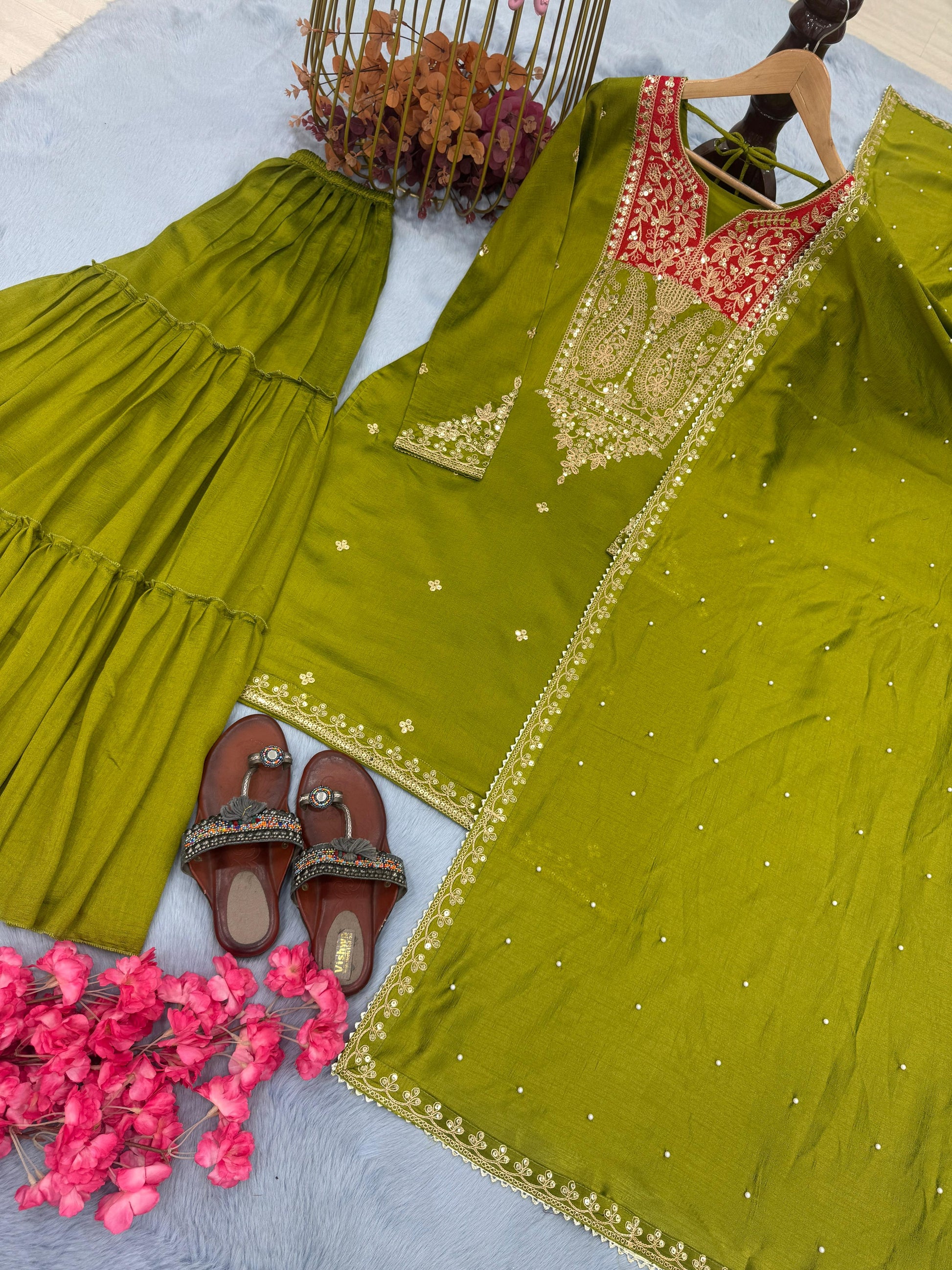 Opulent Vichitra 5mm Sequence Work Perrot Green Color Sharara Suit