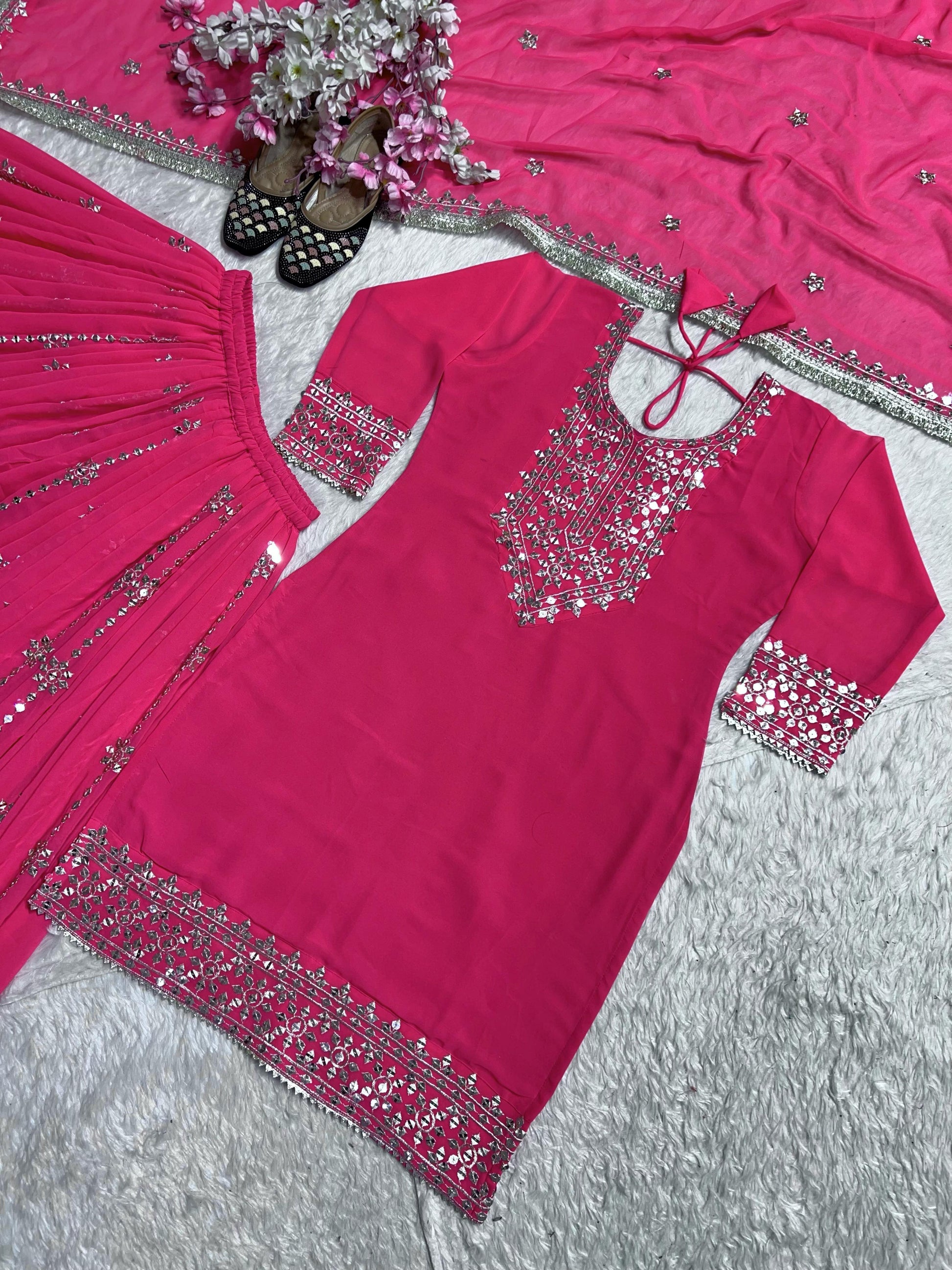 Pink Color Designer Three Piece Sharara Suit