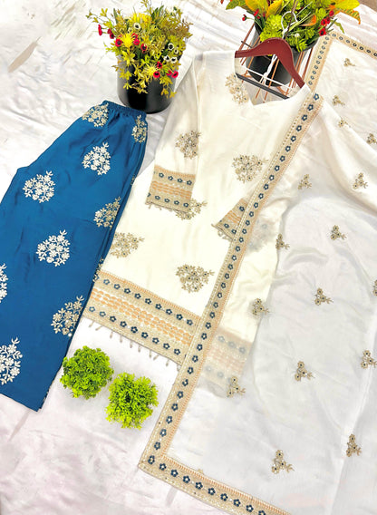 Pretty Silk White With Teal Blue Palazzo Suit