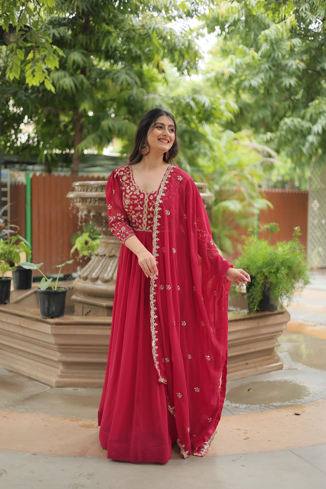 Graceful Embroidery Sequence Work Pink Color Gown