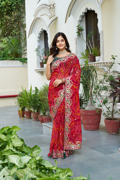 Elegant Bandhani Print Red Color Saree