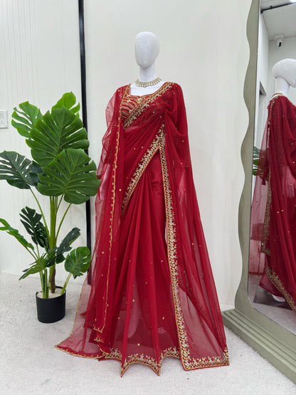 Awesome Heavy Work Red Color Saree